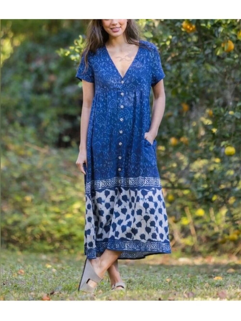 NWOT Natural Life Blue Boho Cottage Soft Flowy Maxi Dress Women S Short Sleeve